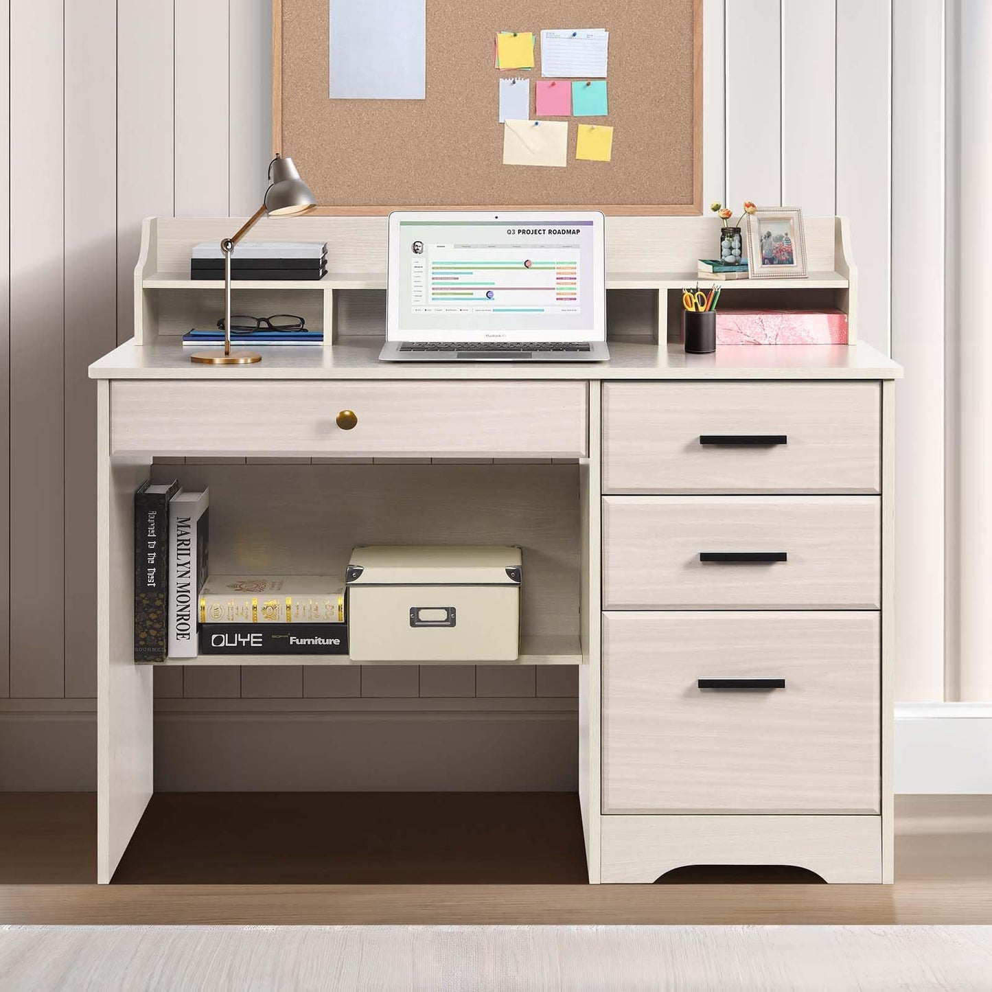 Catrimown Computer Desk with Drawers and Hutch, Farmhouse Home Office Desk Writing Table Wood Executive Desk Student Desk with File Drawer for Bedroom, Small Space, Milky White - WoodArtSupply