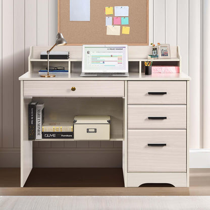 Catrimown Computer Desk with Drawers and Hutch, Farmhouse Home Office Desk Writing Table Wood Executive Desk Student Desk with File Drawer for Bedroom, Small Space, Milky White - WoodArtSupply