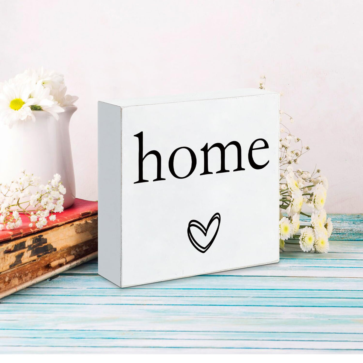 KENTUOK Home Cute White Wooden Box Square Sign, House Bathroom Bedroom Wood Box Sign for Home Living Room Shelf - Rustic Desk Décor, Table Decoration 5 x 5 Inch KENTUOK