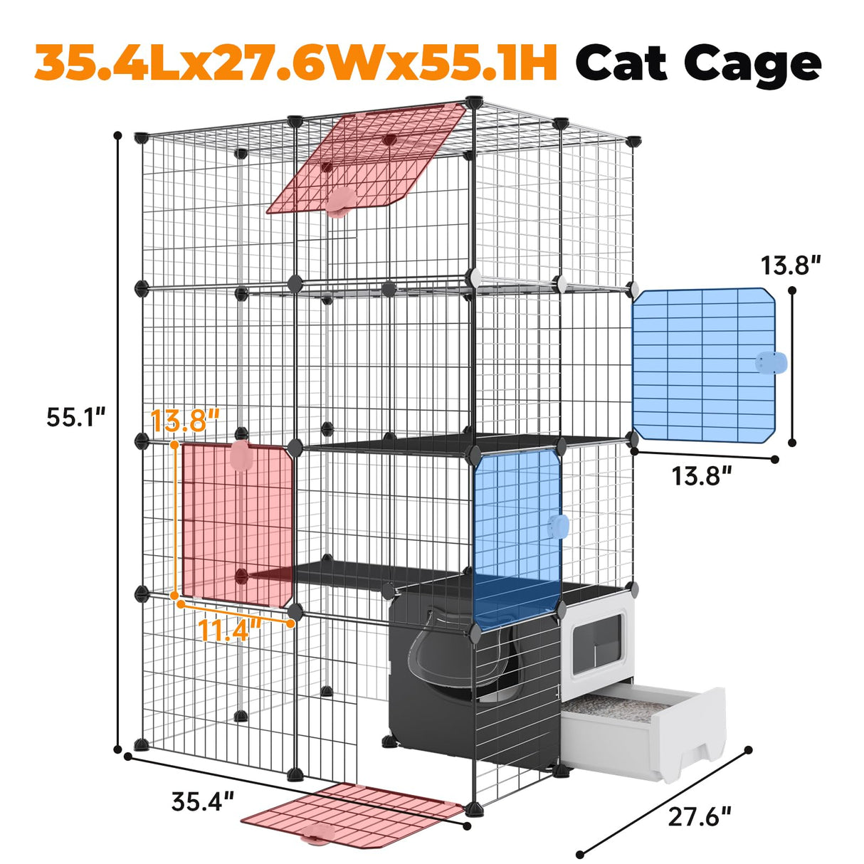 Oneluck Cat Cage with Litter Box,4-Tier DIY Cat Enclosures Detachable Metal Wire Kennel Indoor Crate Large Exercise Place Ideal for 1-2 Cats Oneluck