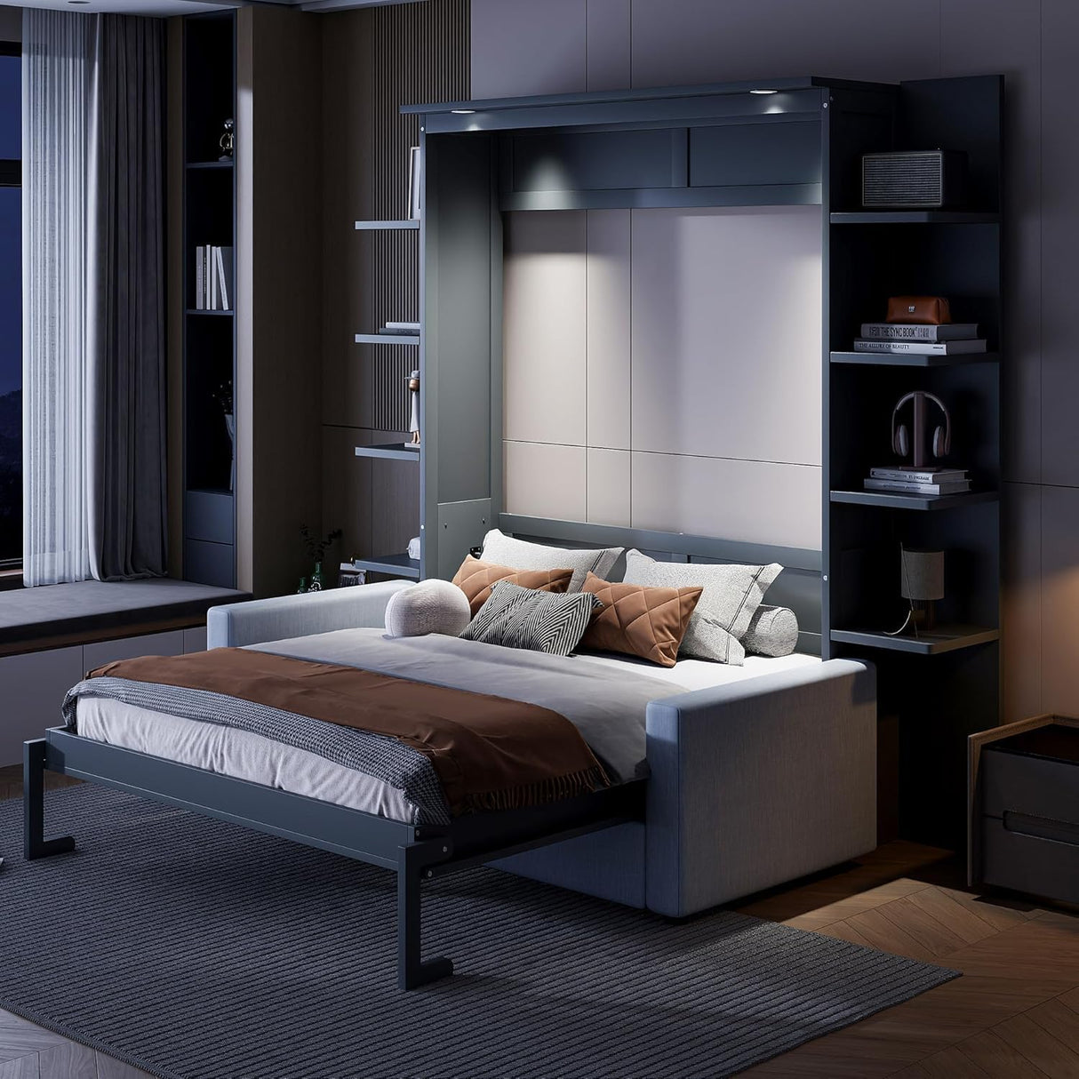 MERITLINE Queen Murphy Bed with Couch and Storage Shelves,Wood Murphy Bed Cabinet with Storage Shelves and Sofa,Fold up Bed Grey Murphy Wall Bed Queen Size MERITLINE