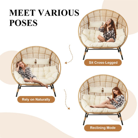 FINCATI Indoor Outdoor Double Egg Chair, 2 Person Oversized Wicker Rattan Stationary Lounge Chair with Legs, 680 lbs Loveseat Boho Egg Basket Chairs for Patio Garden Backyard Living Room Beige FINCATI