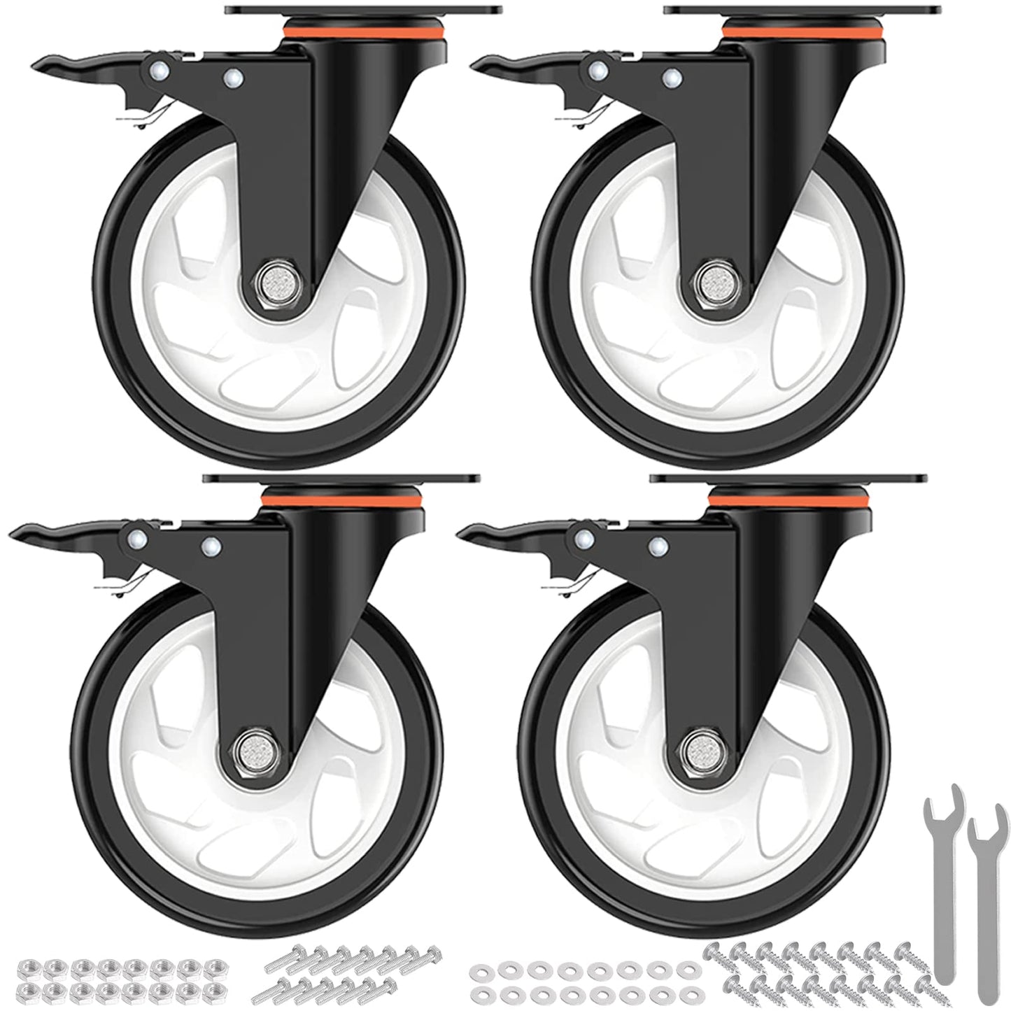 Wheels,5 Inch Caster with Brake, Casters Set of 4 Heavy Duty 2000Lbs with Safety Dual Locking, Industrial Swivel Casters, Polyurethane No Noise Wheels for Cart, Workbench(2 Hardware Kits Included)