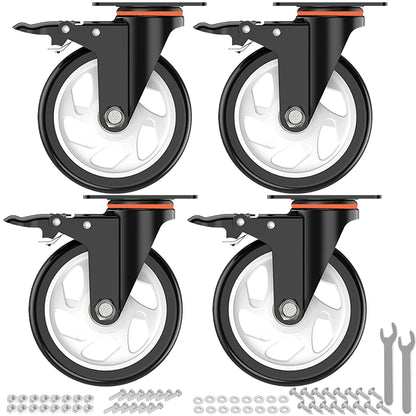 Wheels,5 Inch Caster with Brake, Casters Set of 4 Heavy Duty 2000Lbs with Safety Dual Locking, Industrial Swivel Casters, Polyurethane No Noise Wheels for Cart, Workbench(2 Hardware Kits Included)