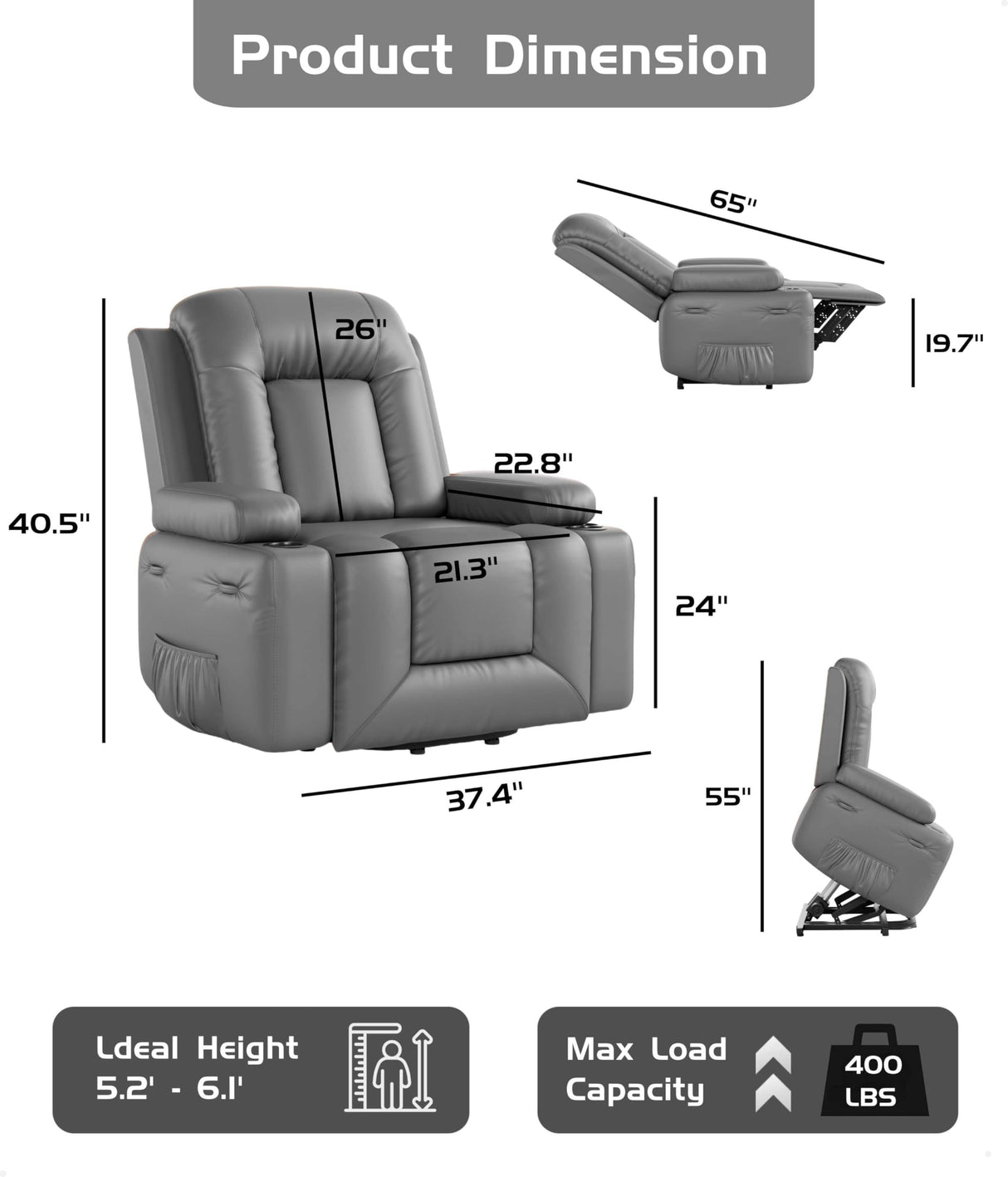 GarveeHome Power Lift Recliner Chair - Heat and Massage, Adjustable Back and Legs, PU Leather Electric Lift Chair Designed for The Elderly and People with Mobility impaired GarveeHome