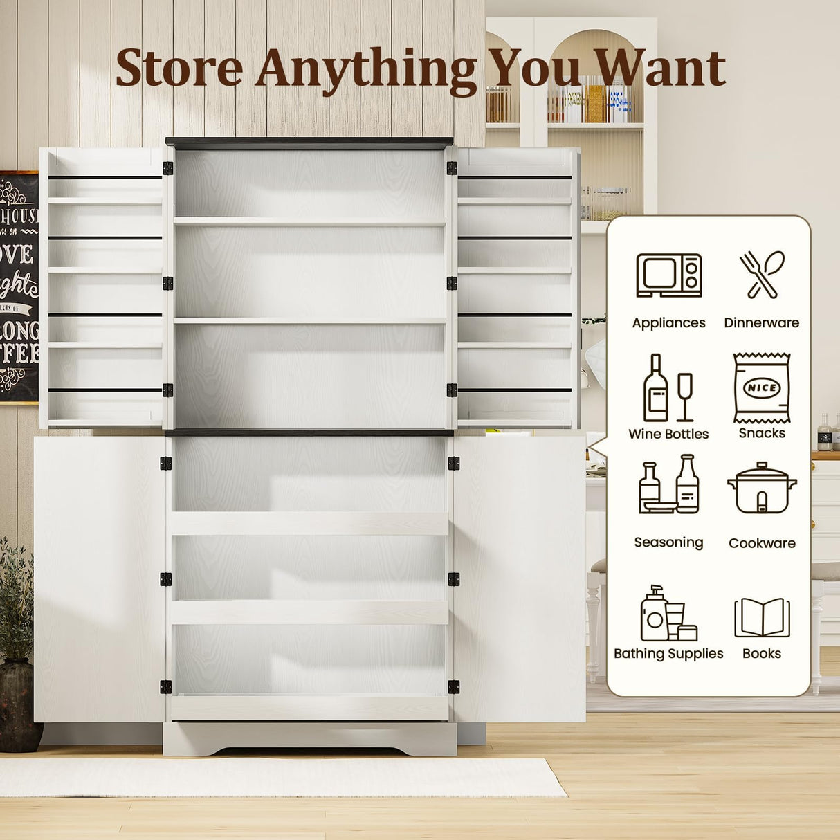 REVOMINCA 72" Kitchen Pantry Cabinet, Farmhouse Pantry Cabinet with 8 Hanging Rack Shelves & 3 Pull-Out Racks, Pantry Storage Cabinet, Freestanding Cupboard for Kitchen, Dining Room, White REVOMINCA
