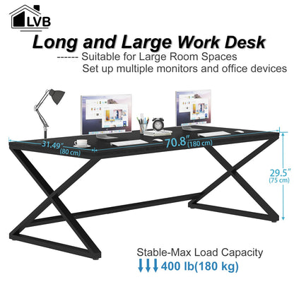 LVB Large Black Desk, 70.8” Long Computer Desk for Home Office, Modern Wide Executive Work Desk for Writing Study, Simple Wood Metal Computer Table Gaming Desk Workstation in Bedroom, Black O - WoodArtSupply