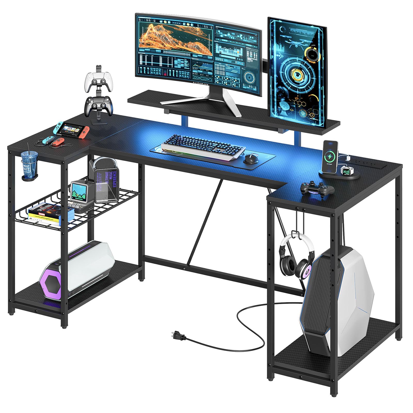 Bestier Gaming Desk with LED Lights & Power Outlets, 63 inch U Shaped Computer Desk with Monitor Stand & Storage Shelves, PC Desk with Cup Holder & Hook for Home Office, Black 3D Carbon Fiber - WoodArtSupply