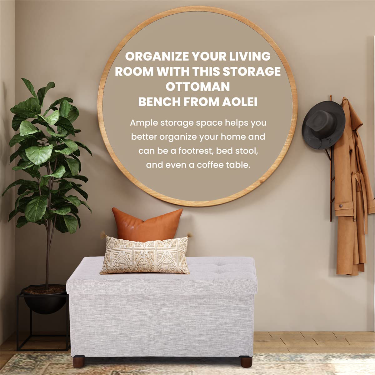 Ao Lei 30 Inches Storage Ottoman Bench with Wooden Legs for Living Room, Folding Foot Rest Removeable Lid for Bedroom End of Bed, Linen Fabric, White Ao Lei