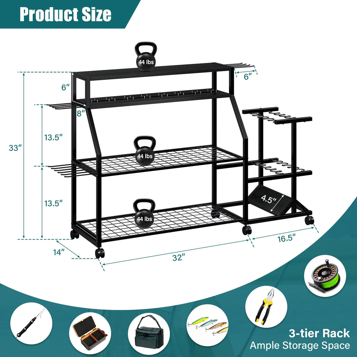 TC-HOMENY Large Fishing Rod Holders for Garage Fits for 12 Rods, 4-Tier Fishing Pole Rack Cart with Enlarged Shelves, Fishing Gear Tackle Organizer Storage Cart with Wheels for Garage, Outdoor, Black TC-HOMENY