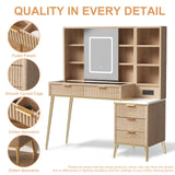 48" Fluted Makeup Vanity Desk with Sliding Mirror and Lights, Wooden Dressing Table with 5 Drawers and Adjustable Shelves,Makeup Vanity Table Modern Glass Top with Charging Station for Bedroom (Oak) TTSITG