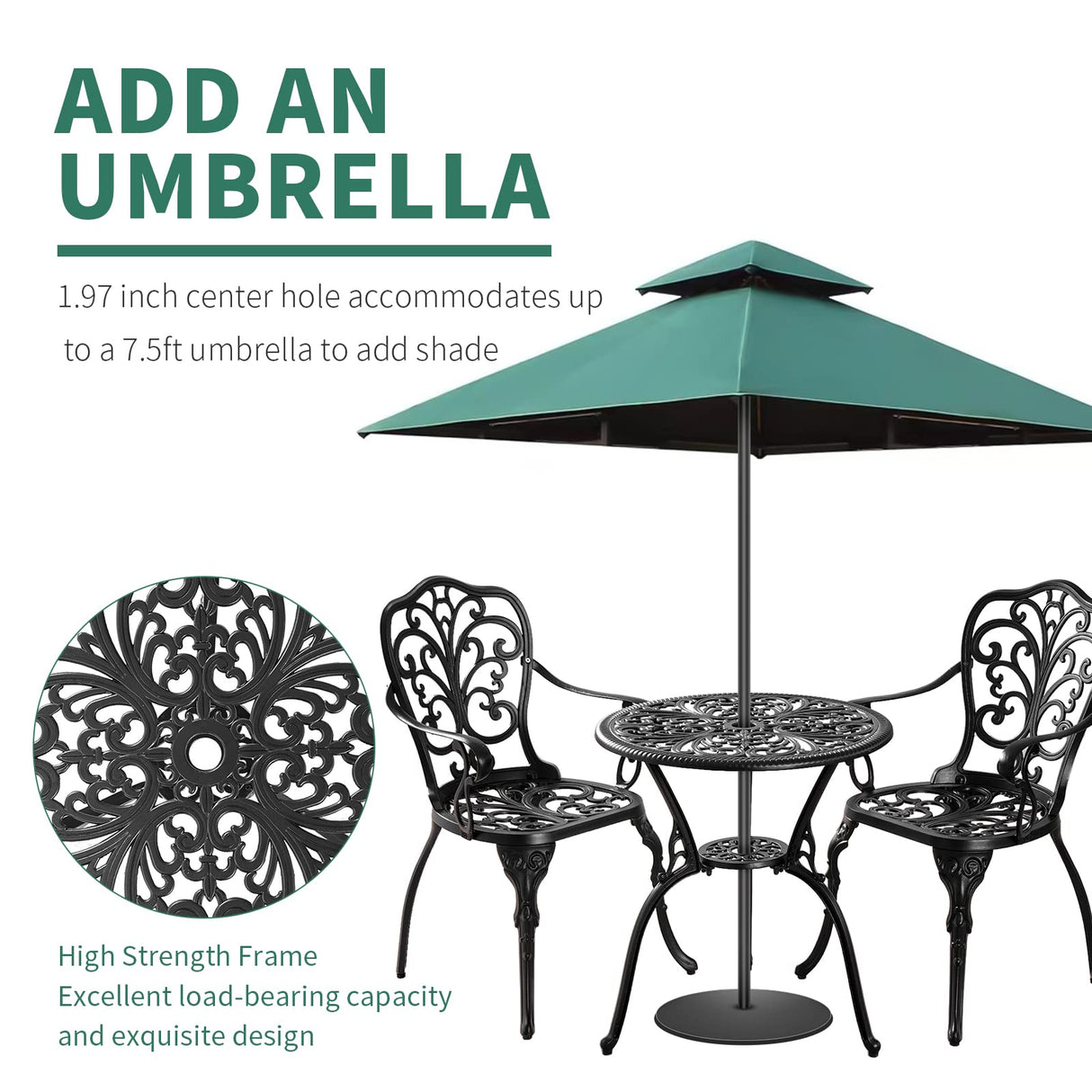 Withniture 3 Piece Patio Bistro Set Cast Aluminum Bistro Table and Chairs Set of 2 with Umbrella Hole,All Weather Metal Bistro Table Set,Outdoor Patio Furniture Set for Garden(Butterfly Black) Withniture