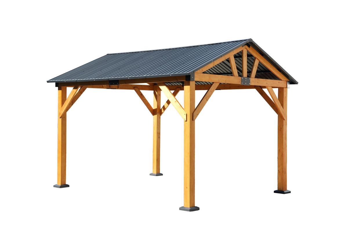 YOPTO 12x8.5 FT Wood Carport Pavilion Gazebo,Canopy Tent wiht Hard Top Steel Metal Slope Roof and Feet,All Weather Protected,Waterproof Garden Pergola for ackyard,Swimming Pool,Light Brown YOPTO