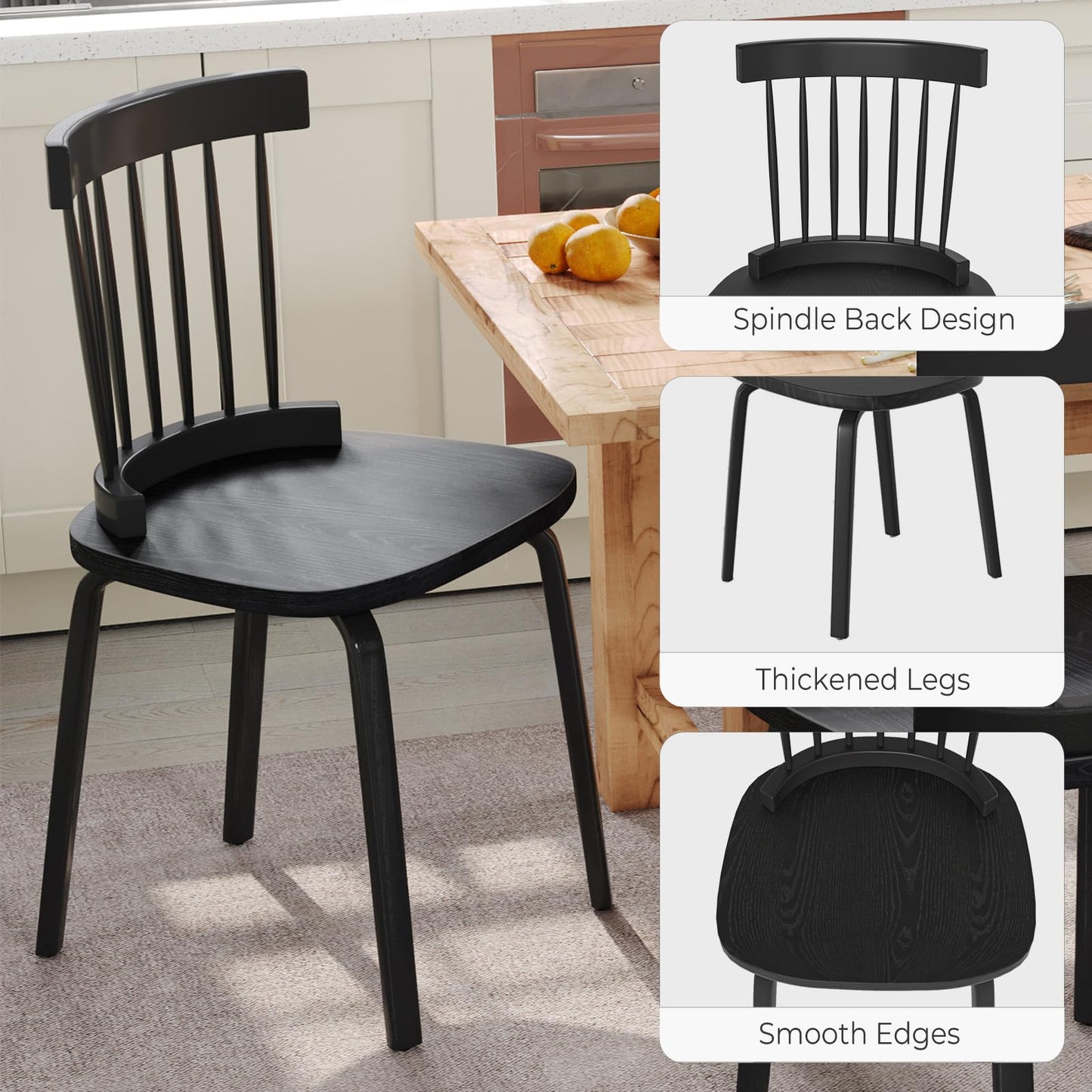 Unovivy Windsor Dining Chairs Set of 4, Wood Farmhouse Spindle Back, Widen Seat, Mid-Century Modern French Country Style, for Living Room Restaurant, Black