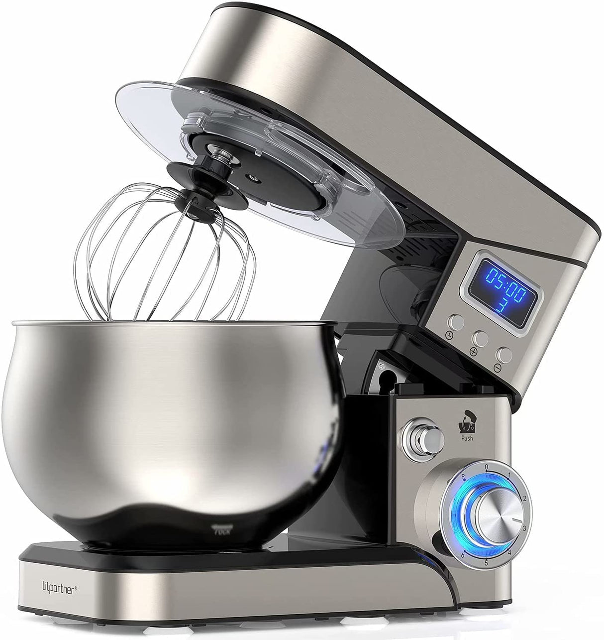 Stand Mixer, Stainless Steel Mixer 5.3-QT LCD Display Food Mixer, 6+P Speed itchen Electric Mixer Tilt-Head Mixer with Stainless Steel Bowl, Dough Hook, Beater, Whisk LILPARTNER