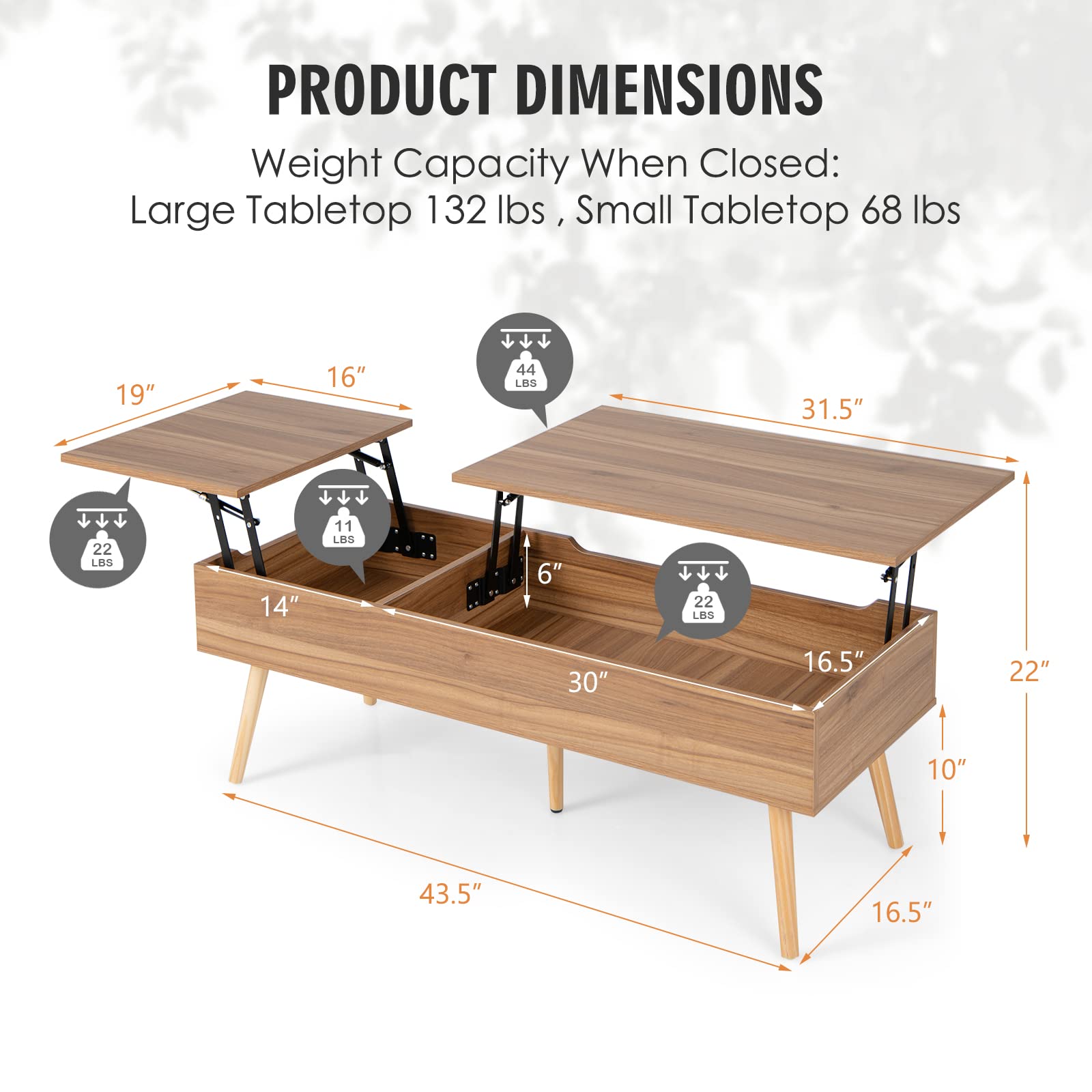 Tangkula 47 Inch Lift Top Coffee Table with Storage, Large Split Top Accent Table with Pneumatic Rods, 2 Hidden Compartments & 5 Solid Wood Legs, Center Table for Living Room (Brown) - WoodArtSupply