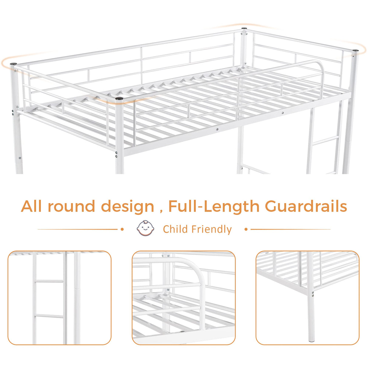 Merax Metal Bunk Bed, Bunk Bed with Ladder and high Guardrail, Able to Split, Under Bed Storage Space, Noise Free, Twin Over Twin Size, White Merax