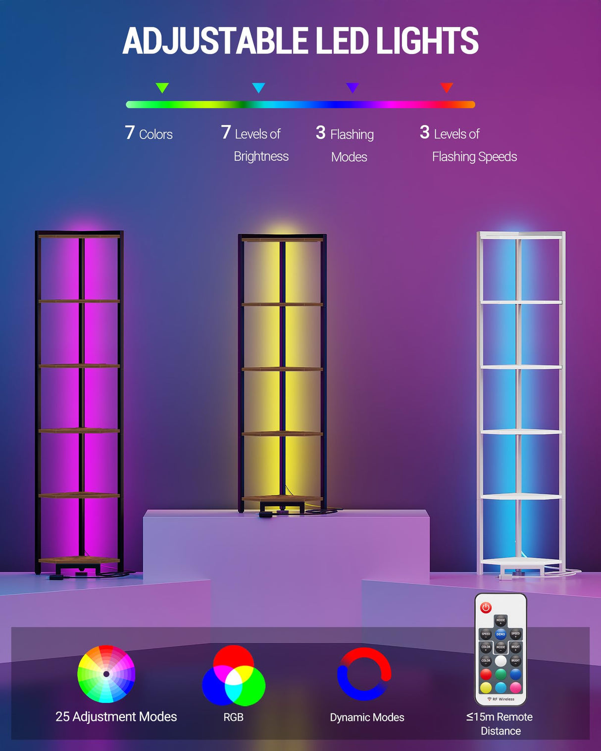 Hzuaneri Corner Shelf with LED Light, 5-Tier Corner Bookshelf, Tall Narrow Display Bookcase with Metal Frame, Standing Shelf for Small Space, Living Room, Home Office, Bedroom, Rustic Brown CS66501B Hzuaneri