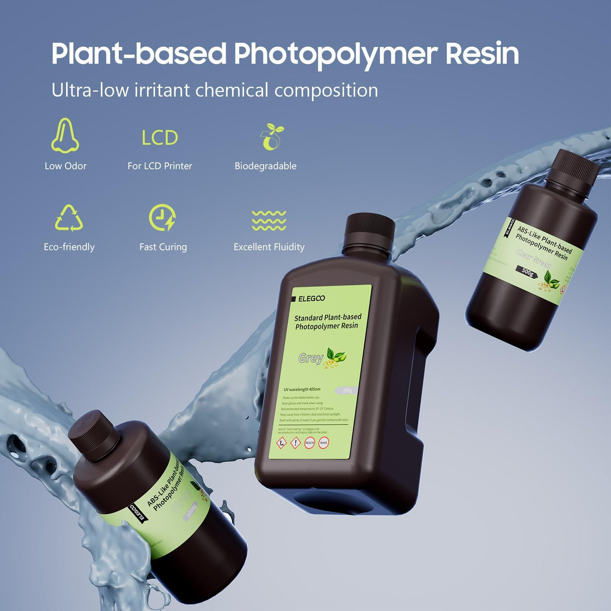 ELEGOO Standard Plant-Based 3D Printer Resin with Low Odor and High Precision, 405nm UV Curing Resin for Mars Saturn Jupiter MSLA DLP LCD 3D Printing - Translucent 2000g ELEGOO