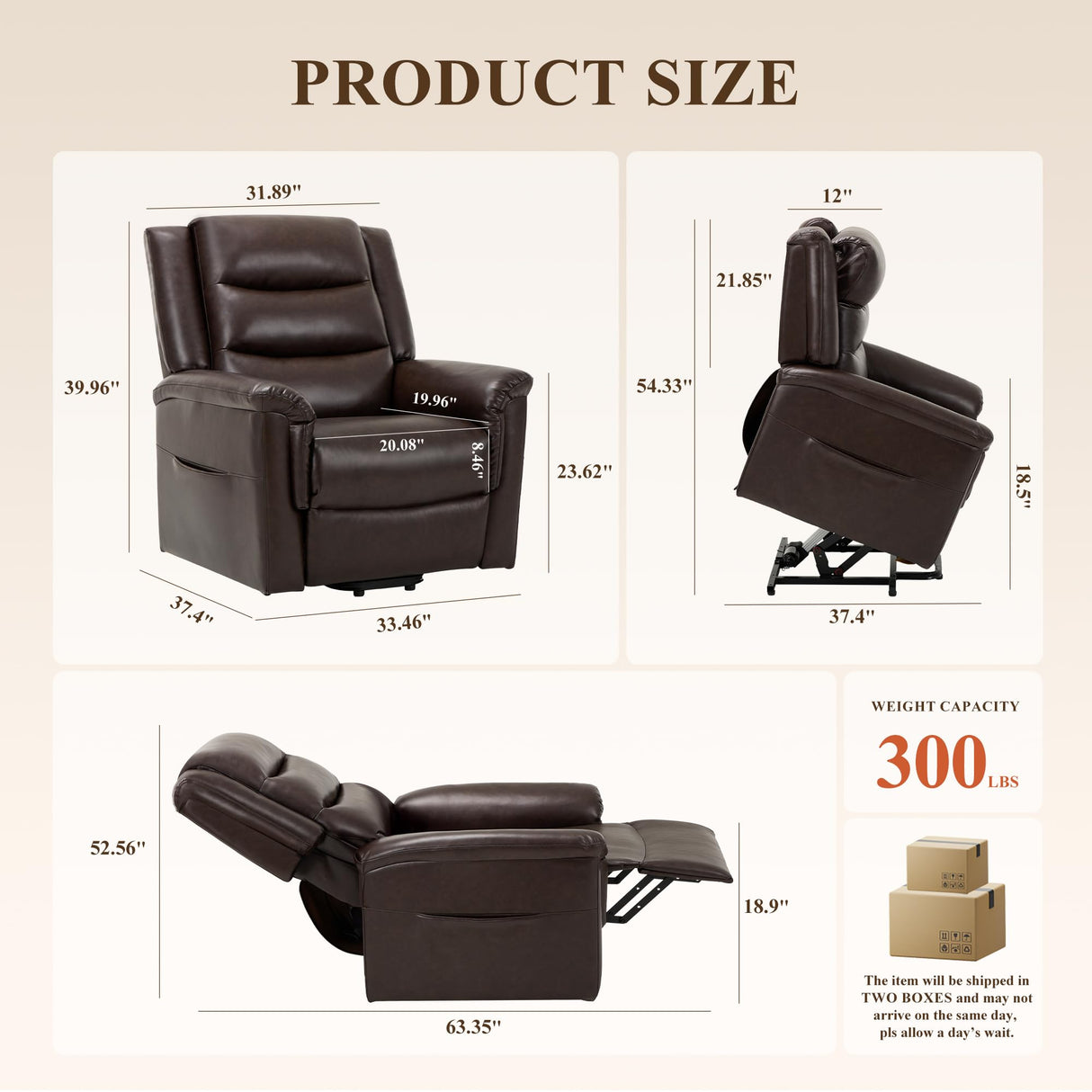 COLAMY PU Leather Power Lift Chair with Massage and Heat,Electric Lift Recliner Chair with Thick Cushioned Padding Backrest for Living Room, Office, Bedroom （Darkbrown） COLAMY