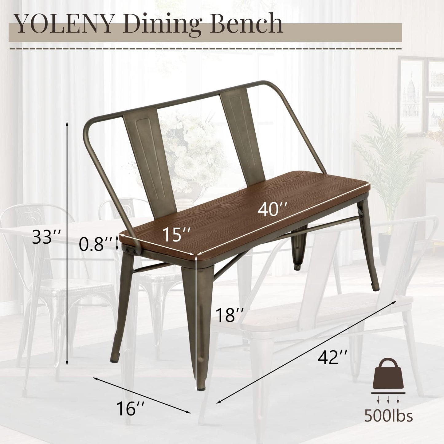 YOLENY Dining Bench, Entryway Bench with Back, Farmhouse Metal Dining Bench, Industrial Mid-Century 3 Person Rustic Spindle Bench, with Wood Seat, Removable Backrest, 42in, Bronze - WoodArtSupply