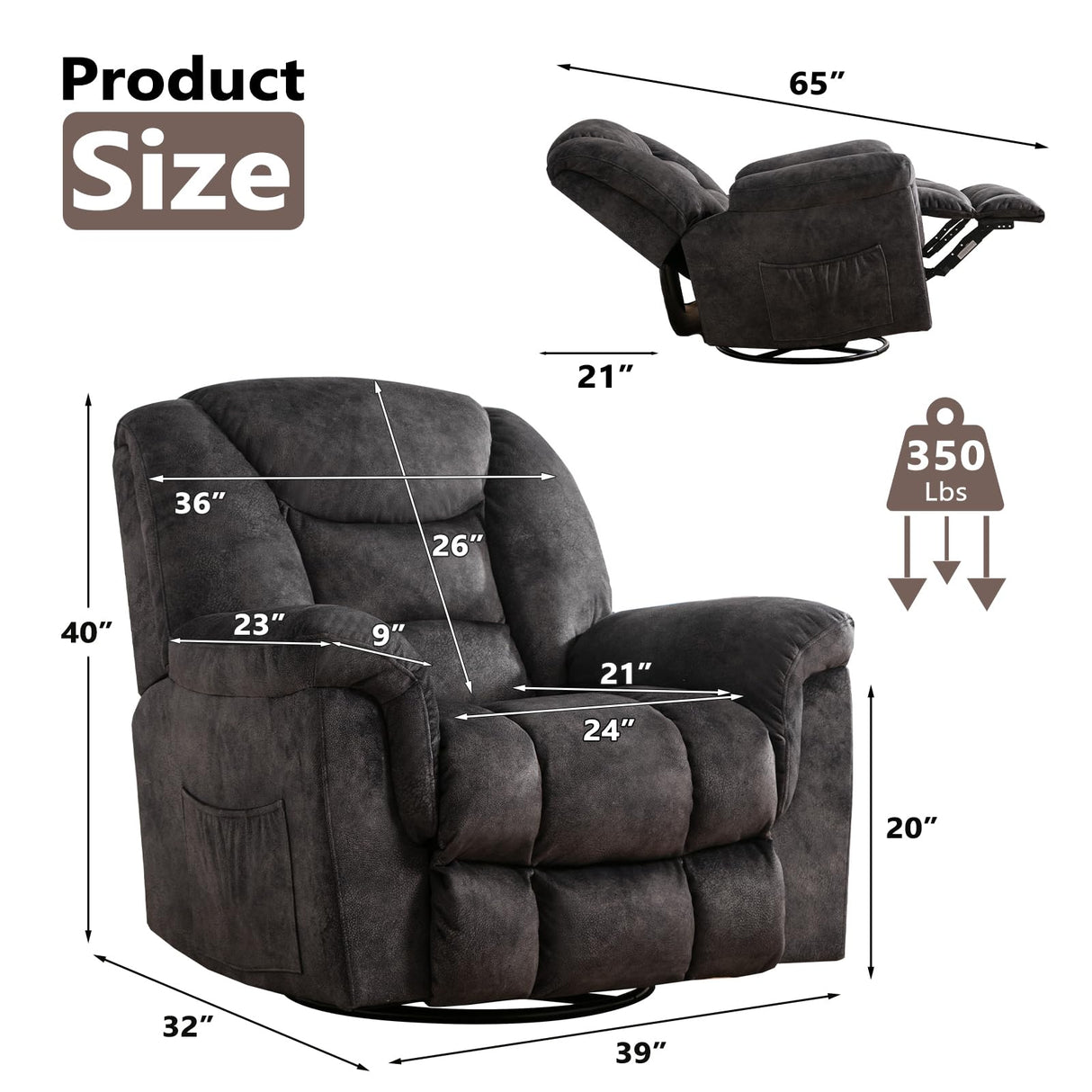 CANMOV Swivel Rocker Recliner, Manual Nursing Recliner with Hidden Switch, Upholstered Plush Seating 360°Swivel Glider Rocking Chair, Comfy Swivel Chair for Living Room, Black CANMOV