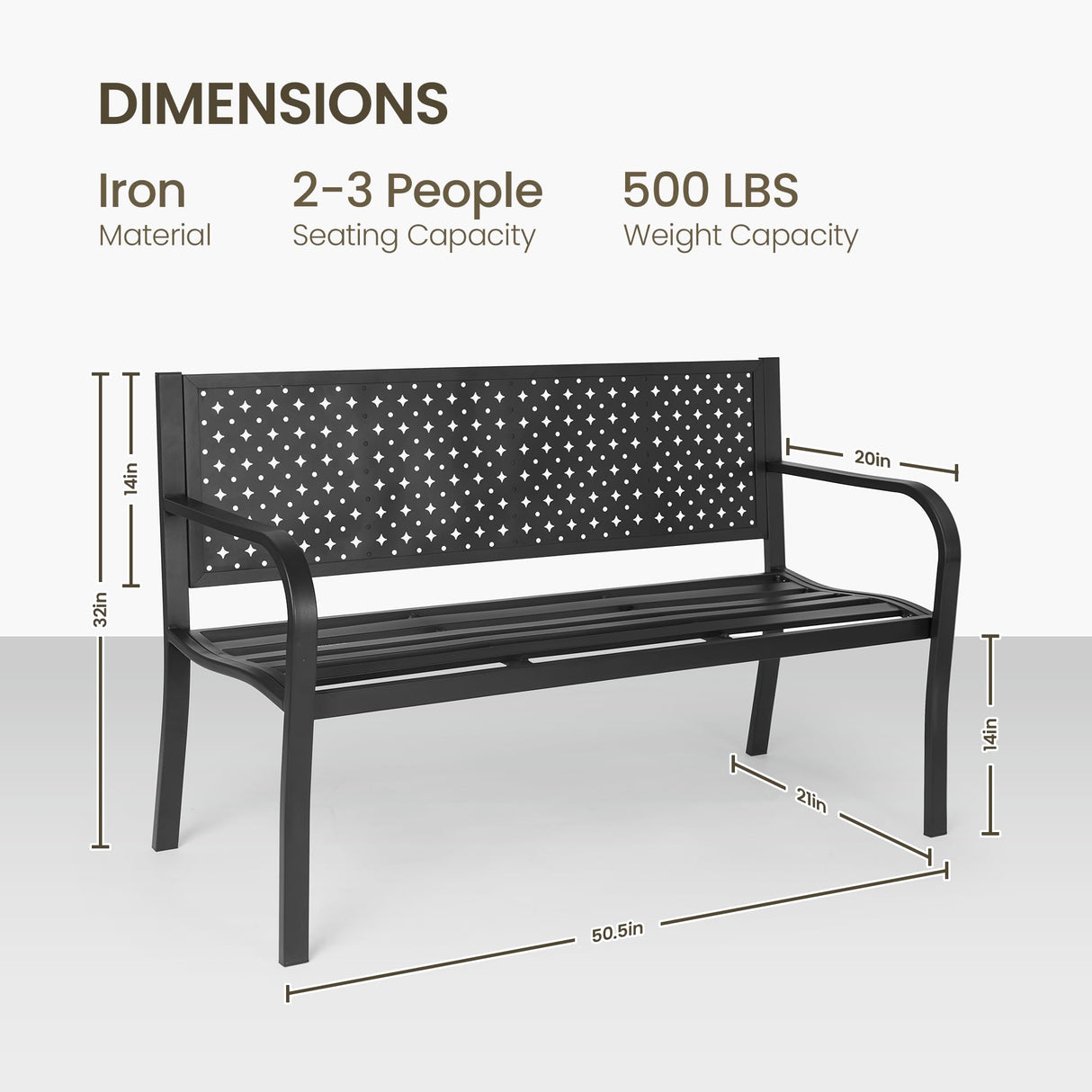 BODIOO Patio Metal Garden Bench Outdoor Park Benches, Iron Steel Frame Chair Mesh Pattern 500 lbs - Park Yard Front Porch Bench Path Yard Outside Lawn Decor Deck Furniture, Black BODIOO