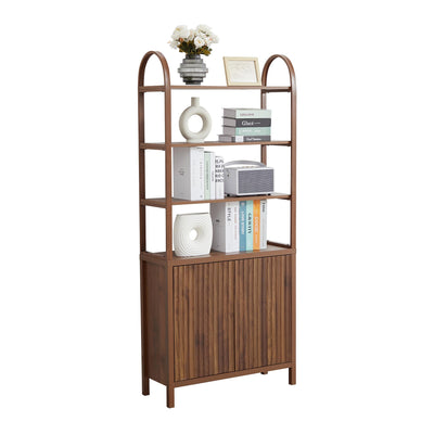 71” Tall Arched Bookshelf Storage with Fluted Doors, Mid Century Modern 6 Tier Bookshelves, Freestanding Bookcase Cabinet with Open Display Storage Shelf for Living Room Home Office Bedroom, Walnut
