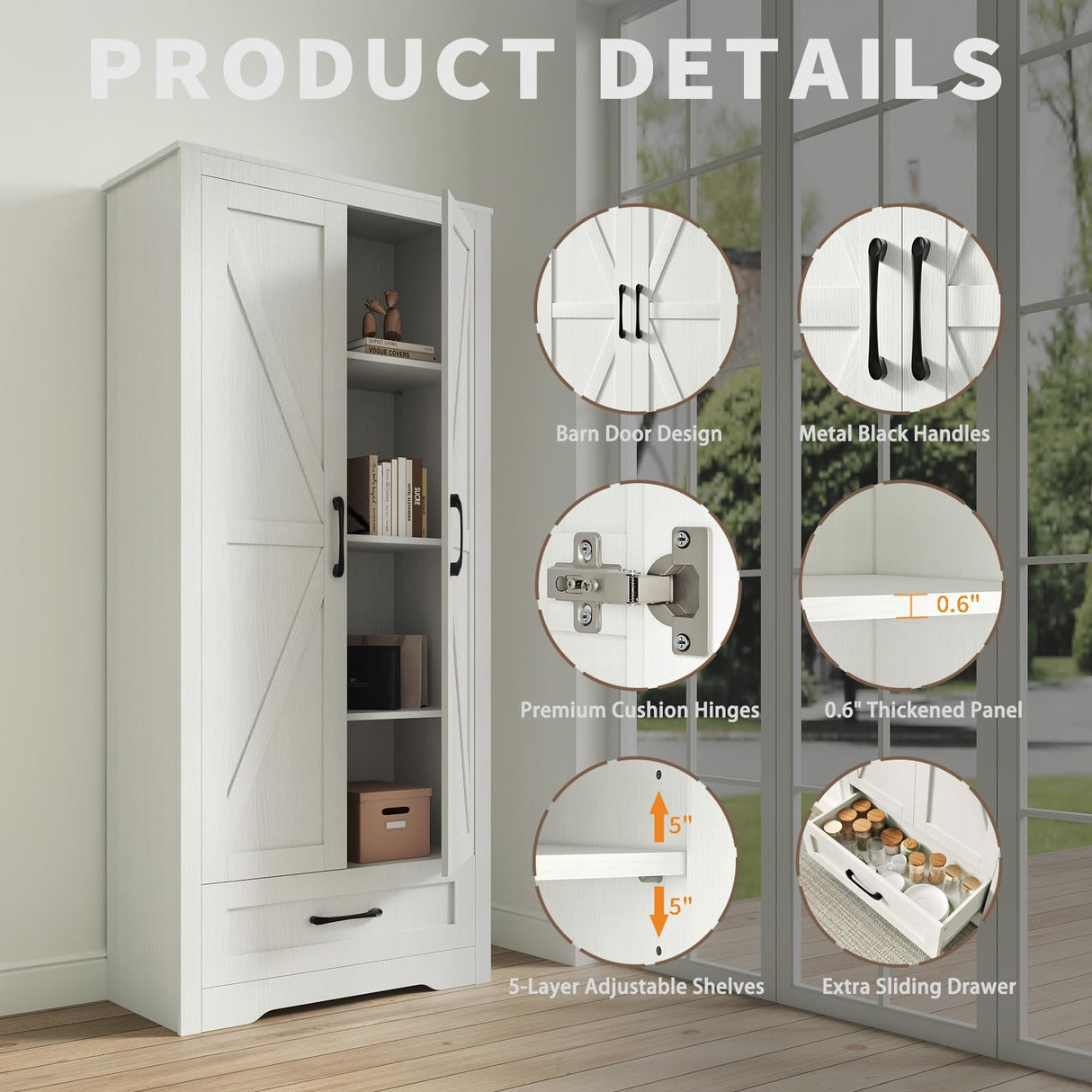 NOVAMAISON Farmhouse Kitchen Pantry Cabinet - 72” Tall Storage Cabinet w/Barn Doors & Adjustable Shelves & Drawer, White Cabinet Freestanding Wood Storage Cabinet for Kitchen, Dining Room, Bathroom NOVAMAISON