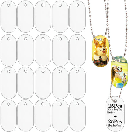 25pcs Sublimation Blank Dog Tags,Metal Sublimation Blank Dog Tags Pendants with Dog Tags Chain,Double Side Blank Sublimation Tags,Sublimation Blank Pendants Suitable for Men and Women BYAYUGUB
