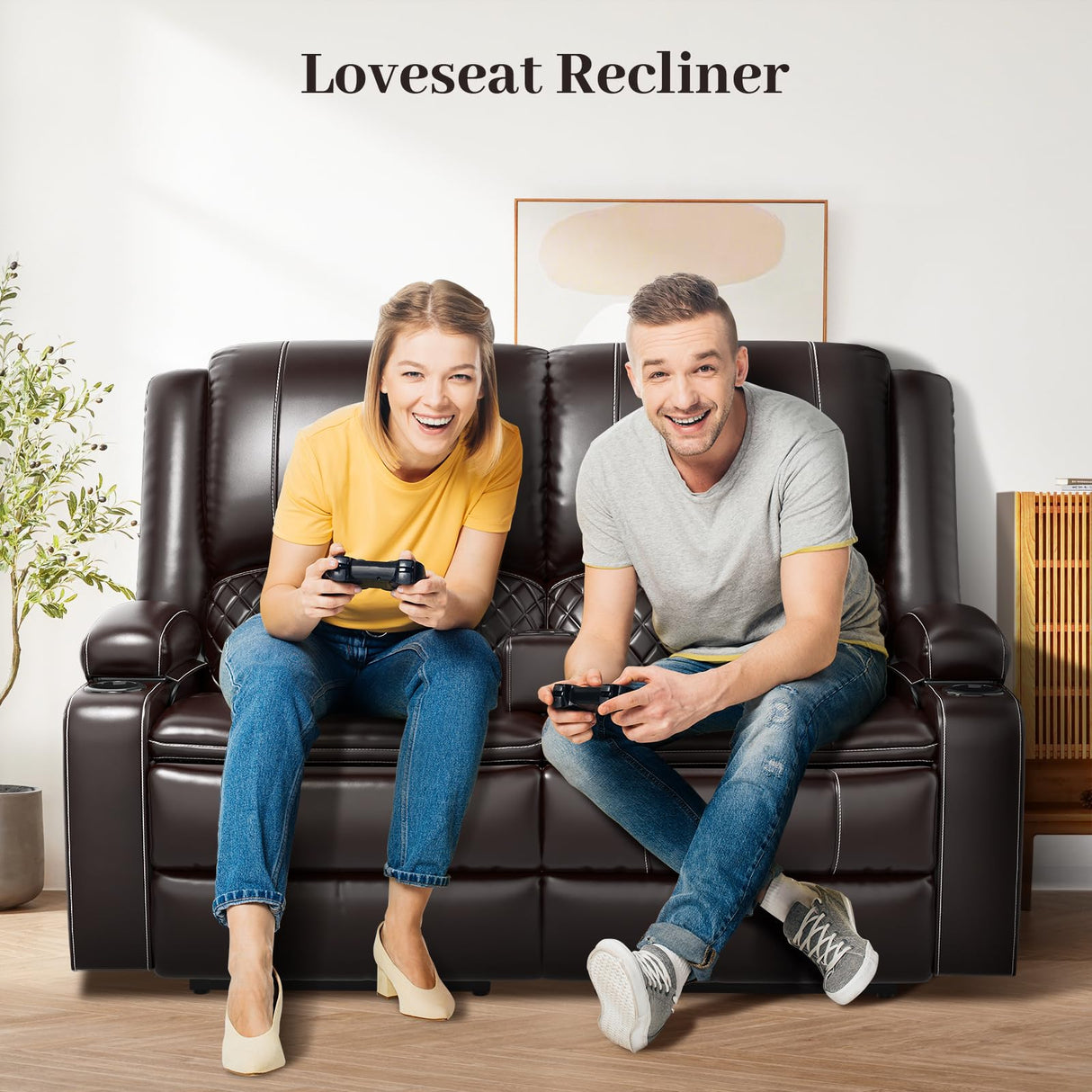 Yolsali Loveseat Recliner Sofa, Manual Reclining Loveseat with Removable Armrest, Faux Leather Recliner Loveseat for Adults with 2-Tier Cushions, USB Charging Ports, Cup Holders - Brown Yolsali