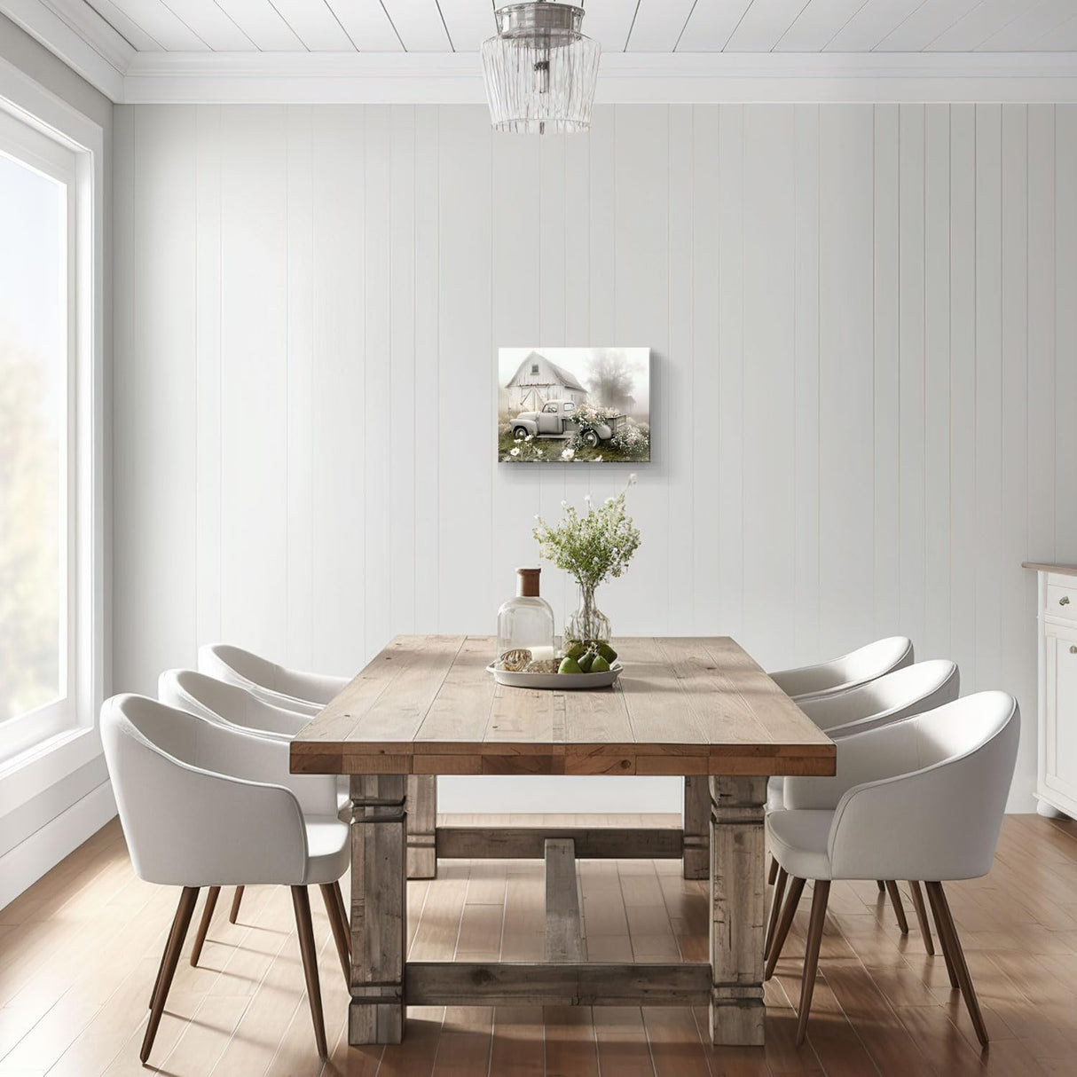 gaosoul Rustic Farmhouse Barn Canvas Wall Art Framed Misty Countryside Field Landscape Painting Rusty Old Truck Loaded With Flowers Picture Prints for Bedroom Living Room Office Decor 16x12in gaosoul