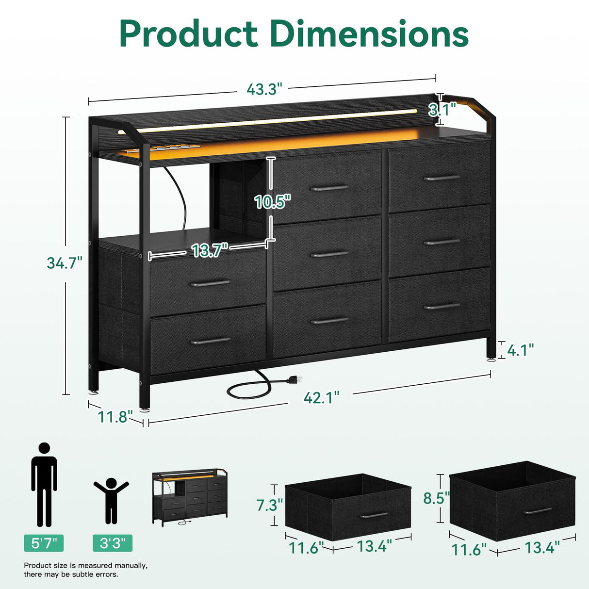 KKL Black Dresser for Bedroom with Light Strip & Power Outlet — 8 Drawers Dressers & Chest of Drawers with Shelf, Wood Top, Metal Frame, Wide Dressers for Girls Bedroom, Living Room, Hallway, Closet KKL