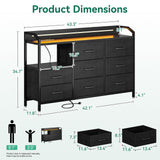 KKL Black Dresser for Bedroom with Light Strip & Power Outlet — 8 Drawers Dressers & Chest of Drawers with Shelf, Wood Top, Metal Frame, Wide Dressers for Girls Bedroom, Living Room, Hallway, Closet KKL