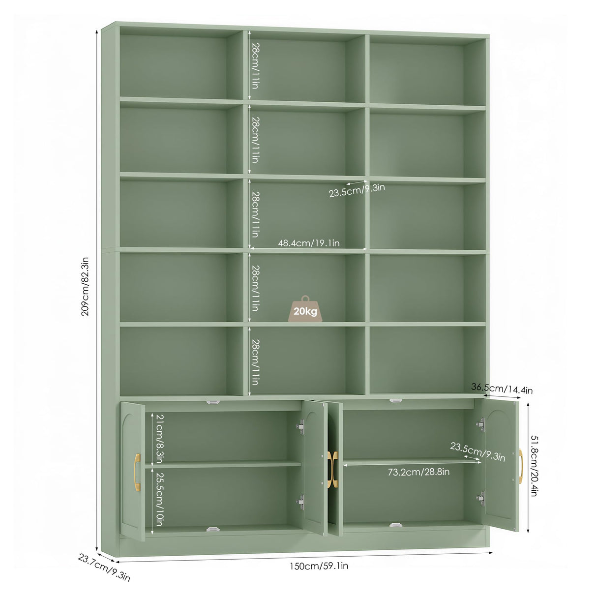 FACBOTALL 82.3" Triple Wide Bookshelf, 7-Tier Tall Bookcase with 15-Cube Open Bookshelf & 4 Doors, Large Bookshelf with Storage Cabinet, Modern Bookshelf for Living Room, Office, Study Room, Green FACBOTALL