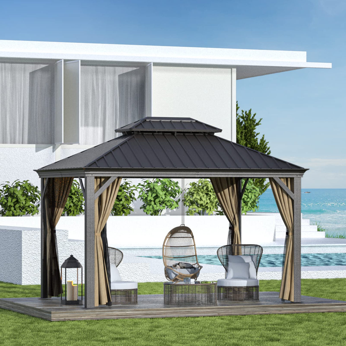 Gazebo 10' x 12' with Mosquito Net and Privacy Sidewalls, Patio Aluminum Permanent Gazebo, All Weatherproof Outdoor Hardtop Metal Gazebos MOWOX POWER