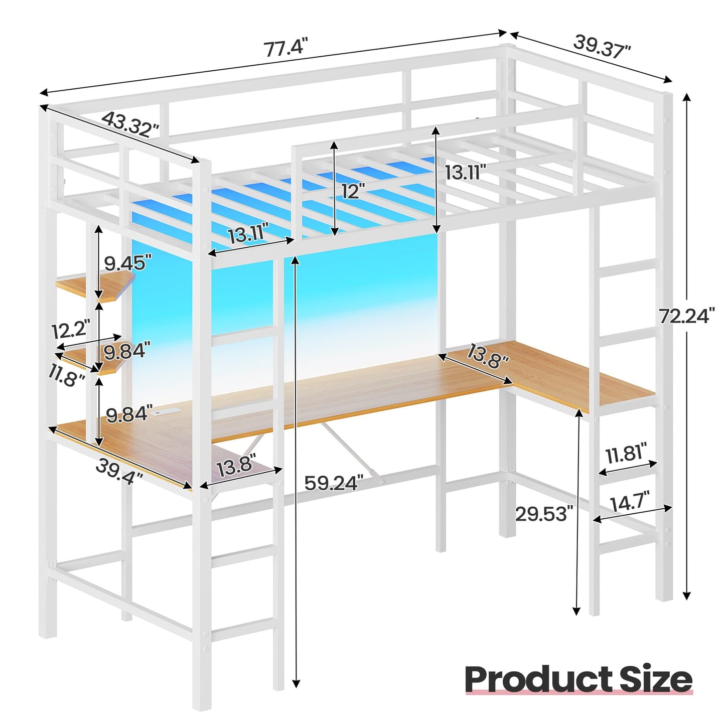 Hasuit Twin Size Loft Bed with U-Shaped Desk, Charging Station &LED Lights, Twin LED Loft Bed with Open Storage Shelves, Safety Guardrail & Double Ladder,No Box Spring Needed, White Metal Loft Bed