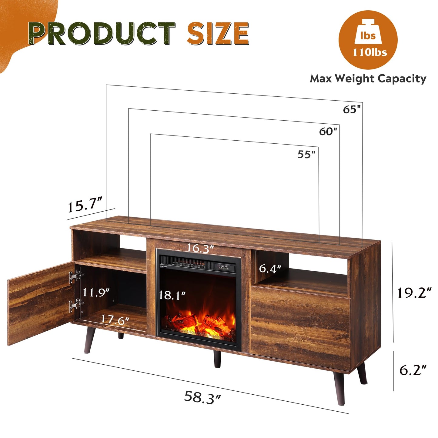 WLIVE TV Stand for 65 Inch TV, 58 Inch Entertainment Center with 18 Inch Electric Fireplace, Media Console with 2 Storage Cabinets for Living Room, Bedroom and Office, Rustic Brown