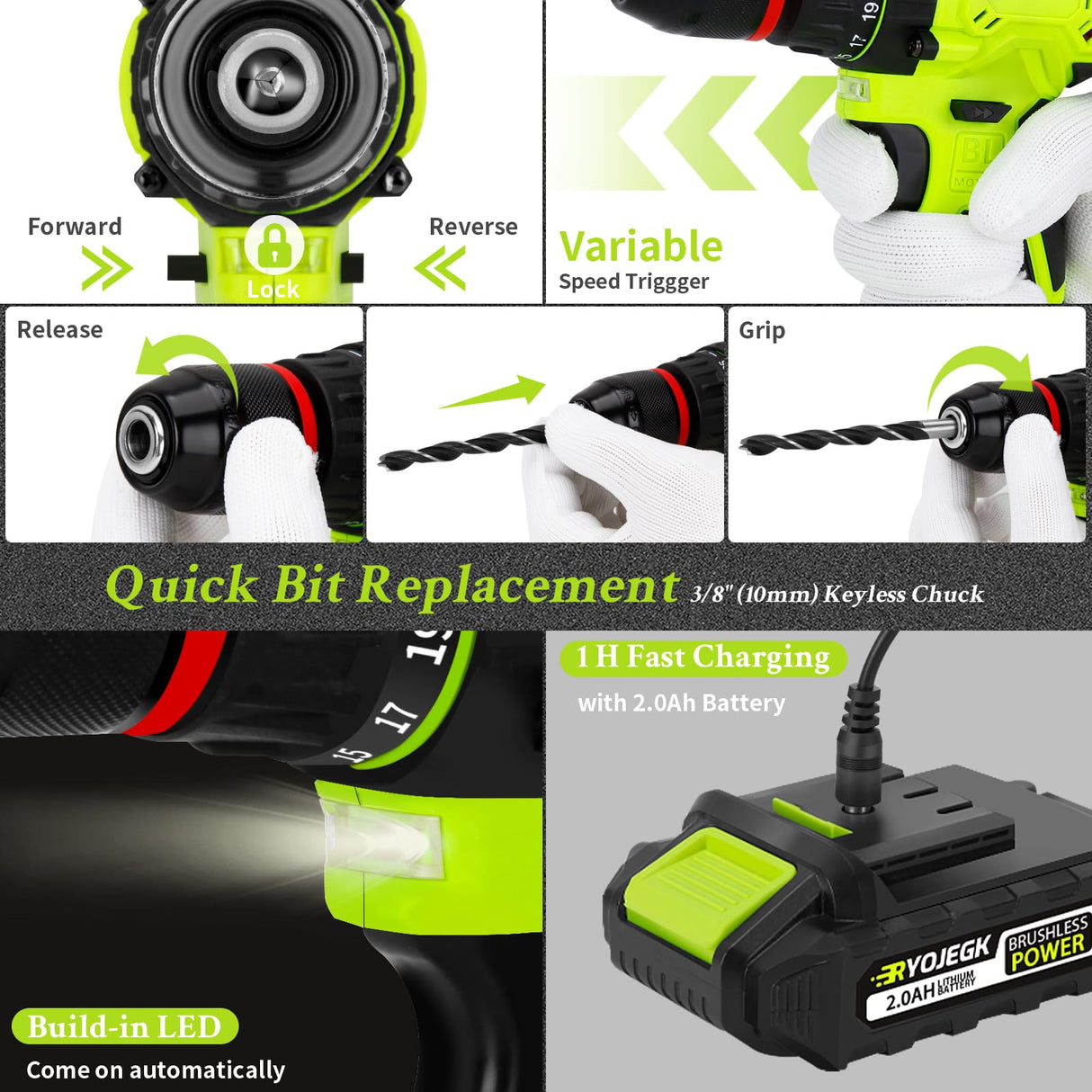 RYOJEGK Home Tool Set with Brushless Drill, 20V 119PCS Cordless Drill Tool Box with Battery, Tool Kit with Drill for Men & Woman, 24+1 Keyless Metal Chuck Brushless Drill Set for Household Repair Kit RYOJEGK