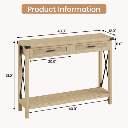 GAOMONFarmhouse Entryway Table, Console Table with Rattan Drawers, 43" Sofa Table with Storage, Console Tables for Entryway, Living Room, Hallway, - WoodArtSupply