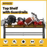 SOYEEZE Sports Equipment Organizer- Ball Storage for Garage,4 Tiers Outdoor Toy Storage,Soccer Racks,Basketball Shooting Training Stand Cart with Wheels and Hooks for Home-School and Gym Use SOYEEZE