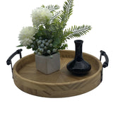 Rustic Round Wooden Decorative Tray with Metal Handles, Multi-Purpose Ottoman Tray, Farmhouse Serving Tray for Coffee Table, Kitchen or Living Room dugunusu