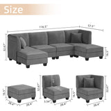 Vongrasig 6 Pieces Sectional Couch Modular Sofa with Reversible Chaise 116" Velvet U-Shaped Couch Sofa 6-seat Modular Large Sectional Couch with Ottoman for Living Room, Upholstered Cushion (Grey) Vongrasig