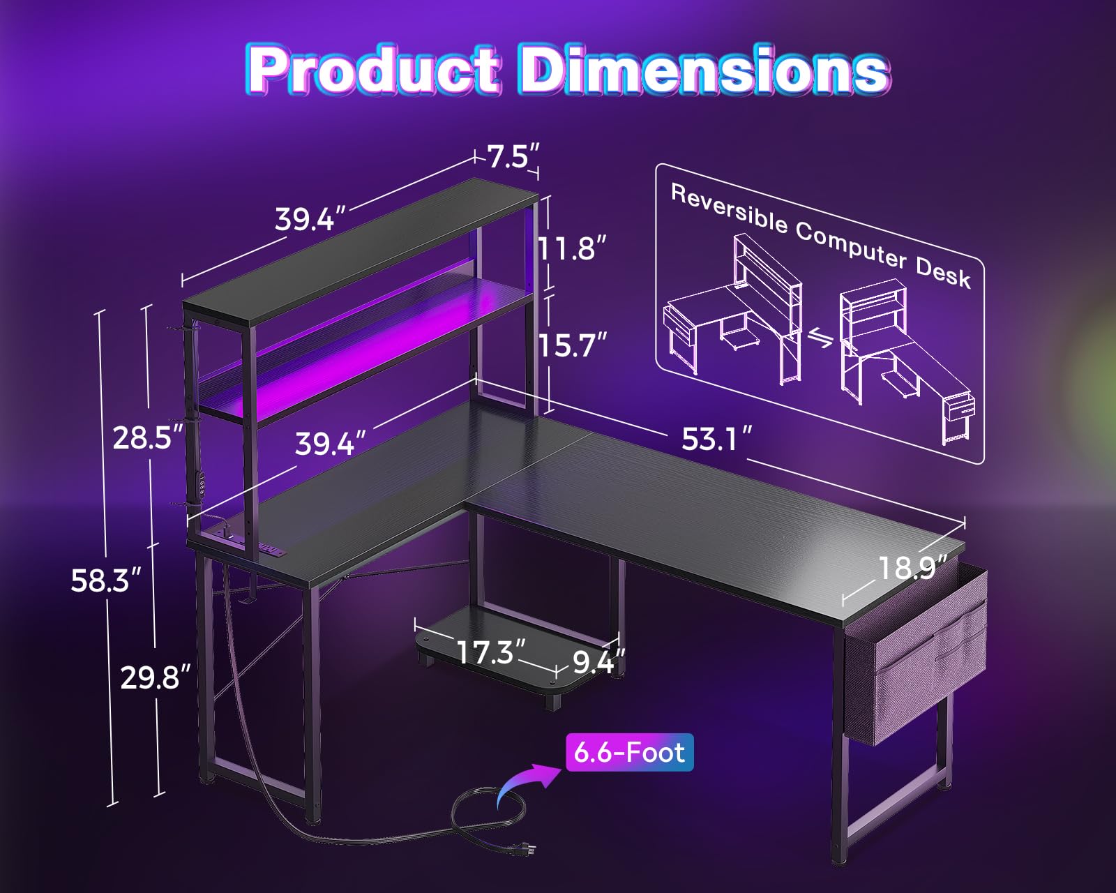 AODK L Shaped Desk Gaming Desk with LED Light & Power Outlet, 53 Inch Reversible L Shaped Computer Desk with Shelf, Corner Desk with Storage Bag&Hook for Home Office Desk, Black - WoodArtSupply