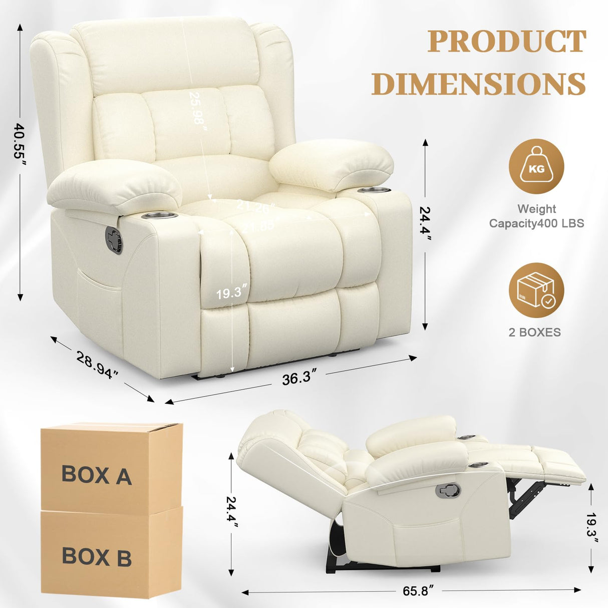 IROSTAE Recliner Chair for Adults, Oversized PU Leather Manual Pull Tab Reclining Chair with Cup Holders, Minimalist Style Single Sofa for Living Room, RV (Ivory White) IROSTAE
