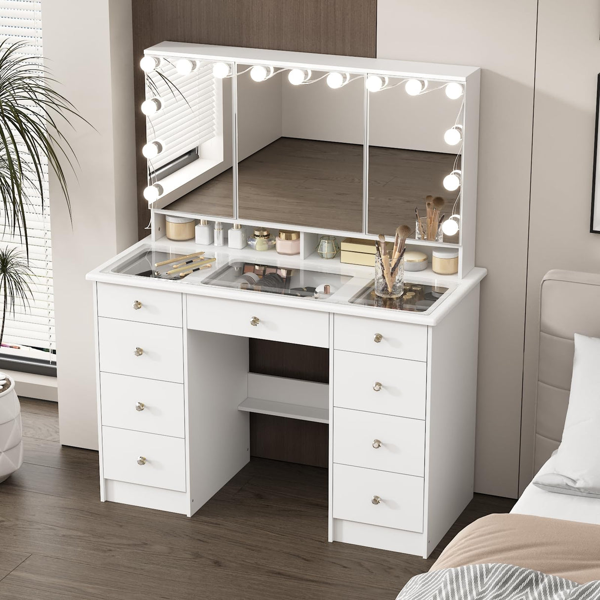FUFU&GAGA Vanity Desk with Mirror and Bulb Lights, Large Makeup Vanity with Glass Top, Modern Dressing Table with 9 Drawers & Hidden Shelves for Bedroom, White, 43.3”W x 19.7”D x 53.6”H FUFU&GAGA