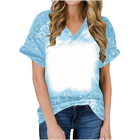 Ceboyel Women Bleached Sublimation T Shirts 2024 Polyester Blanks Tshirts Short Sleeve Cute Graphic Tee Tops Items Clothes Womens Western Tops Light Blue XL Ceboyel