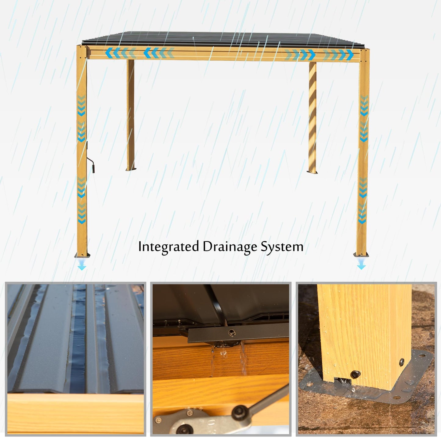 Domi Louvered Pergola 10x13FT, Outdoor Wood Grain Pergola Aluminum Frame with Adjustable Rainproof Metal Roof, Permanent Sun Shade with Drainage System for Deck Garden Yard