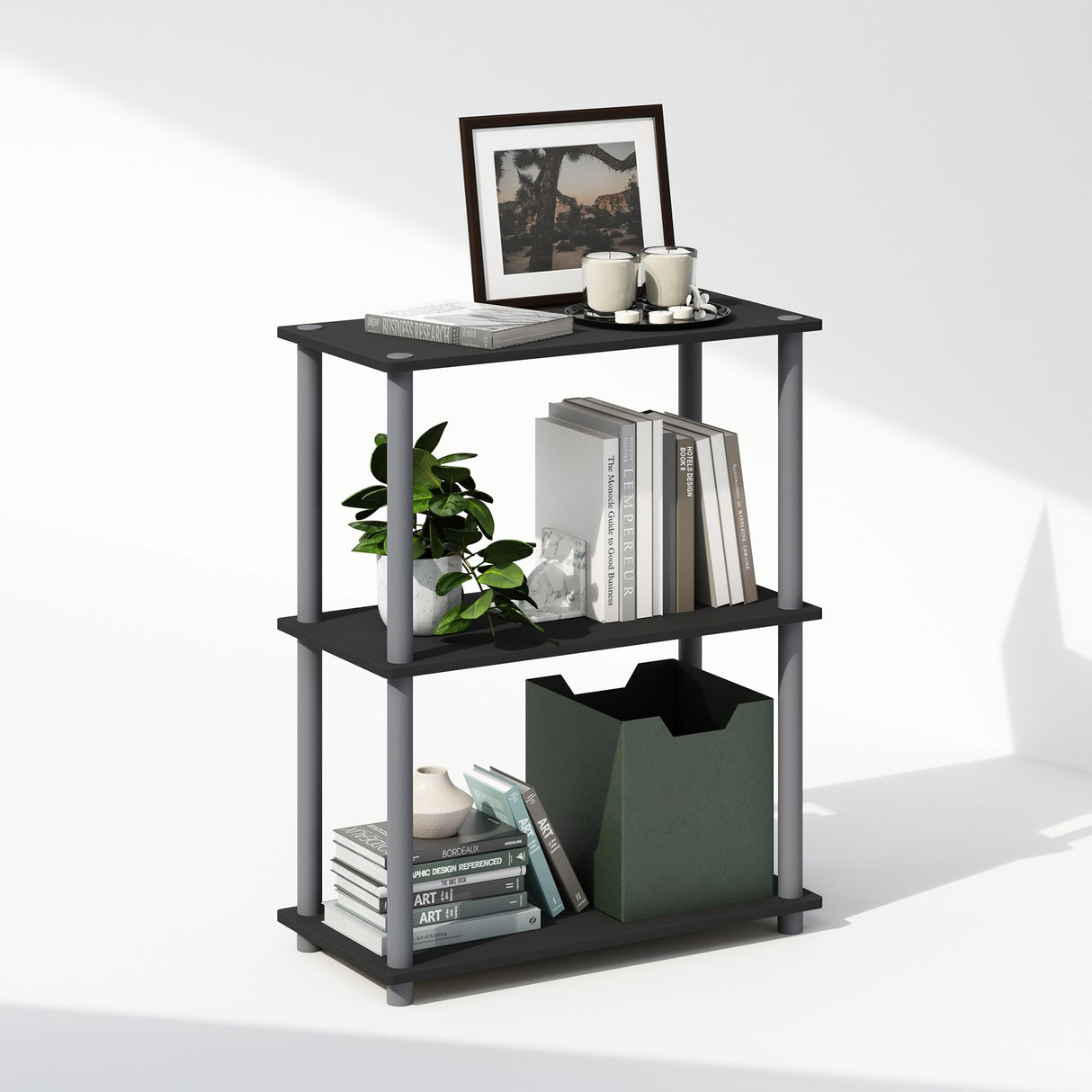 Furinno Turn-N-Tube 3-Tier Multipurpose Compact Bookshelf, Bookcase, Black/Grey Furinno