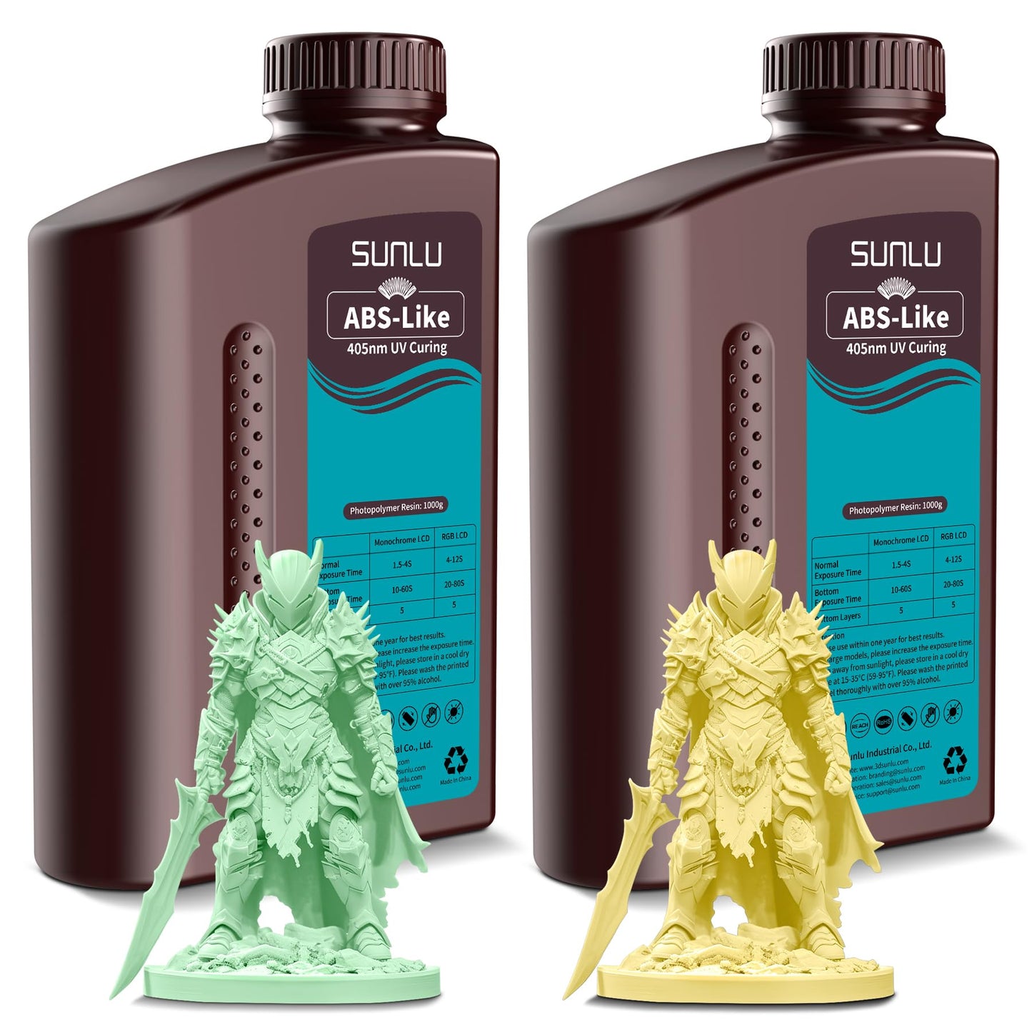 SUNLU ABS Like Resin 2kg, Strong Fast Curing 3D Printer Resin, 395 to 405nm UV Curing Photopolymer Resin, Non-Brittle High Precision, 2kg in Total, 1kg per Bottle, 2 Packs, Mint Green+Lemon Yellow